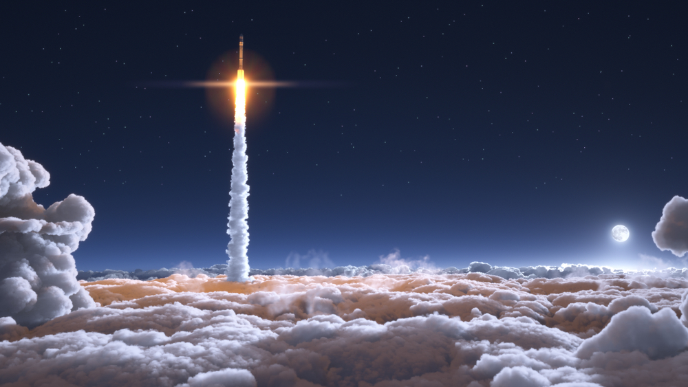 Rocket,Flies,Through,The,Clouds,On,Moonlight,3d,Illustration