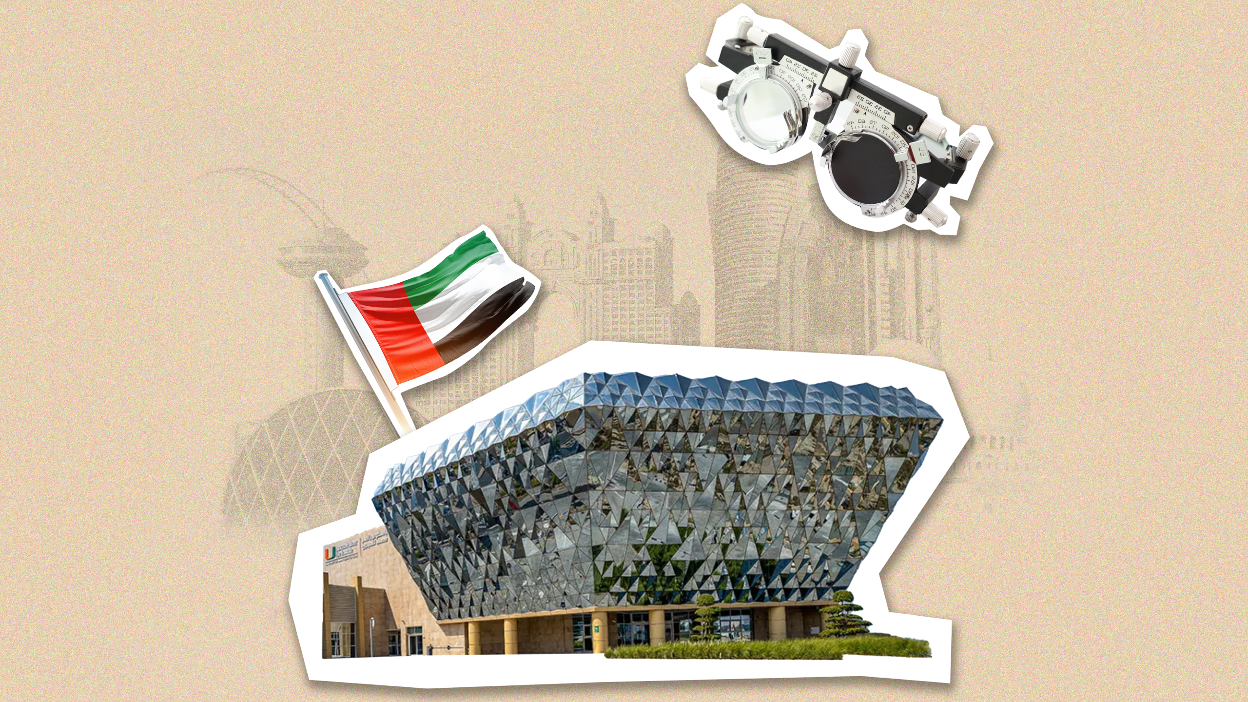 The Bascom Palmer Eye Institute in Abu Dhabi with a Abu Dhabi Scenery in a beige background and a phoropter