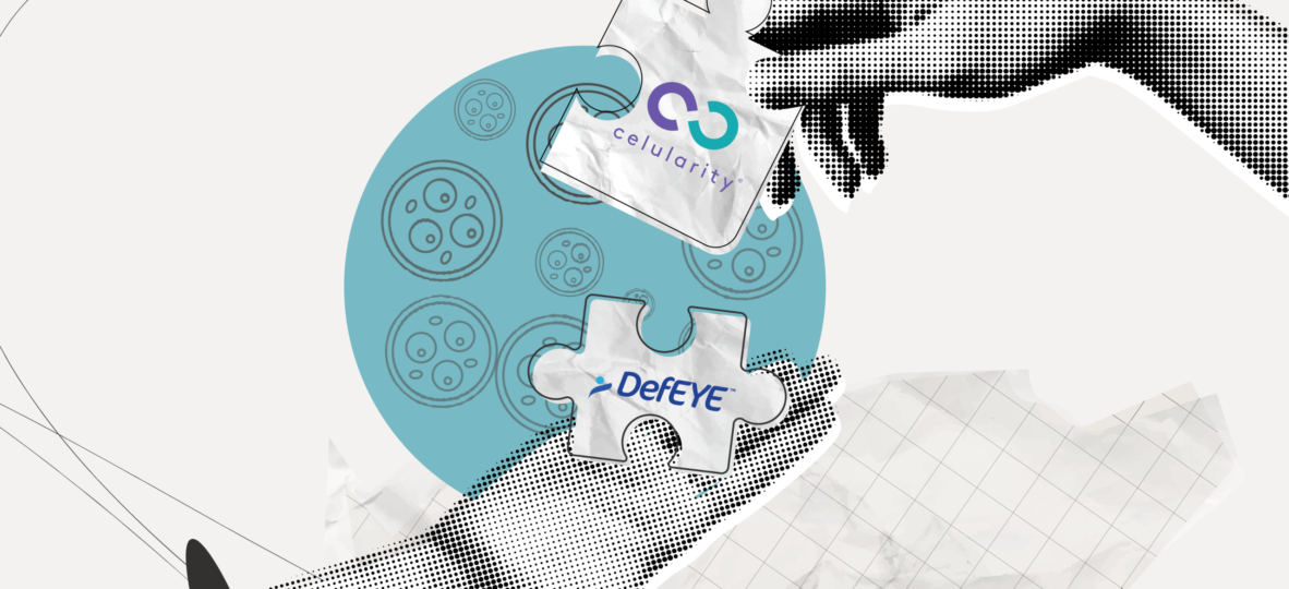 Two hands holding puzzle pieces labeled “Celularity”and “DefEYE,” fitting them together to show their partnership with cells background