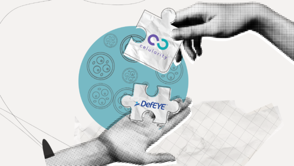 Two hands holding puzzle pieces labeled “Celularity”and “DefEYE,” fitting them together to show their partnership with cells background